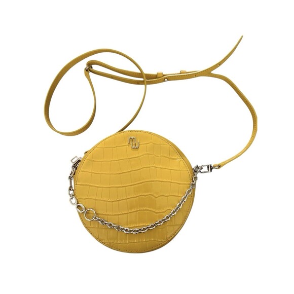 Maje Jane Yellow Embossed Leather Round Crossbody Bad Purse With Chain - Picture 1 of 8